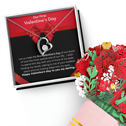 Our First Valentine's Day - Forever Love Necklace & Sweetest Devotion Flower Bouquet