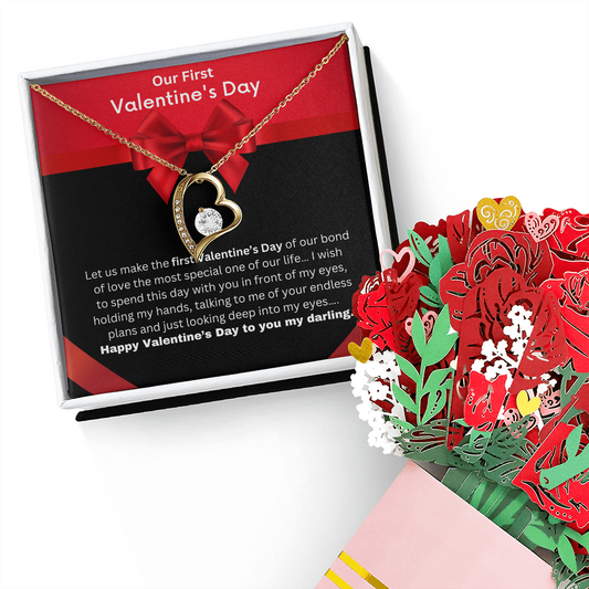 Our First Valentine's Day - Forever Love Necklace & Sweetest Devotion Flower Bouquet